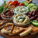 Colorful Mediterranean Brunch Board featuring tangy tzatziki, briny olives, and warm flatbreads, arranged for sharing on a rustic wooden table.
