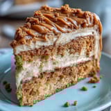 Decadent Baked Biscoff Cake with Creamy Lotus Frosting sits sliced on a white plate, revealing a tender vanilla sponge and rich cookie butter filling.