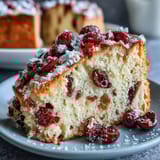 Warm slices of Cranberry Orange Breakfast Cake served on a plate, bursting with tart cranberries and sweet citrus aroma.