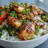 Overhead view of a Chicken and Rice Bowl, featuring golden chicken, colorful vegetables, and a garnish of green onions.