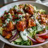 Savory Buffalo Chicken Bowl with tender spicy chicken, crisp romaine, cherry tomatoes, and blue cheese crumbles.  