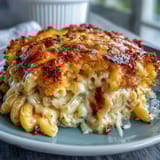 Southern Soul Food Oven-Baked Mac and Cheese with a creamy, cheesy interior and golden crunchy topping, served hot and bubbling from the oven.
