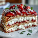 Decadent crêpe cake, artfully arranged with fresh strawberries and creamy filling.
