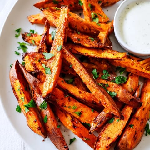 Crisp, oven-baked Sweet Potato Fries served hot on a plate with fresh parsley garnish.