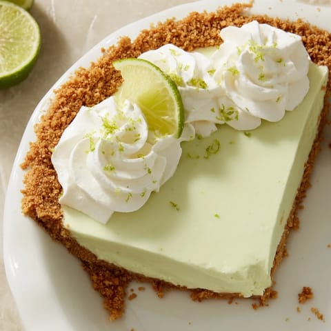 A chilled Key Lime Pie slice with a whipped cream swirl, tart green filling, and crumbly graham cracker crust.