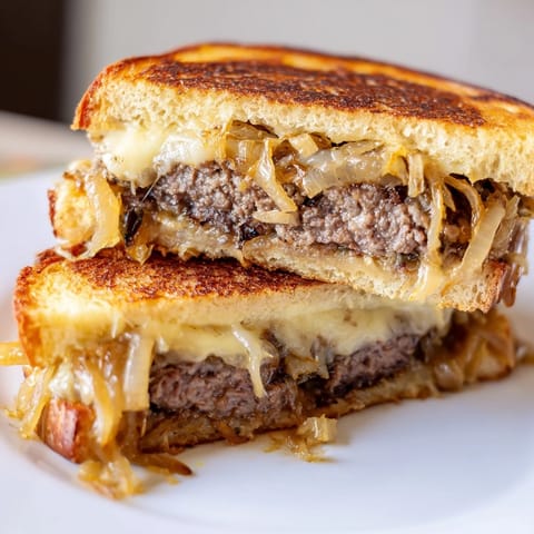 Two halves of a Patty Melt on a plate, served with dill pickles and crispy French fries.