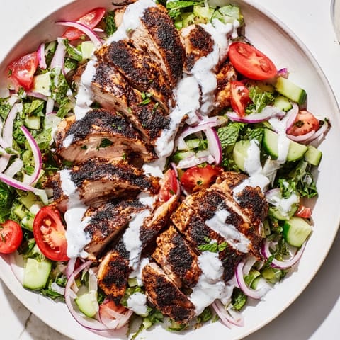 Vibrant Chicken Shawarma Salad with spiced grilled chicken, crisp cucumber, tomatoes, and fresh parsley, drizzled with creamy yogurt dressing.