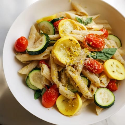 Fresh Garden Veggie Pasta with zucchini, yellow squash, and cherry tomatoes tossed in garlic olive oil.