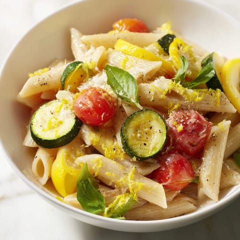A bowl of Garden Veggie Pasta garnished with basil and lemon zest, ready for a summer meal.