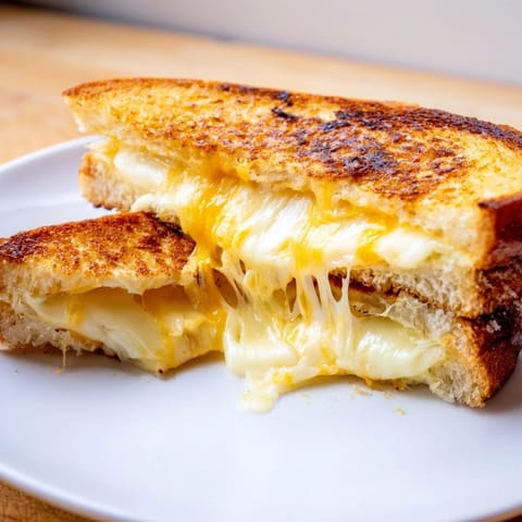 Freshly grilled Three-Cheese Grilled Cheese sandwich with golden crust, gooey cheese pull, and optional Dijon mustard on a rustic wooden board.