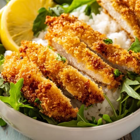 Golden Parmesan chicken cutlets sliced over fluffy rice with arugula and lemon wedge garnish.  