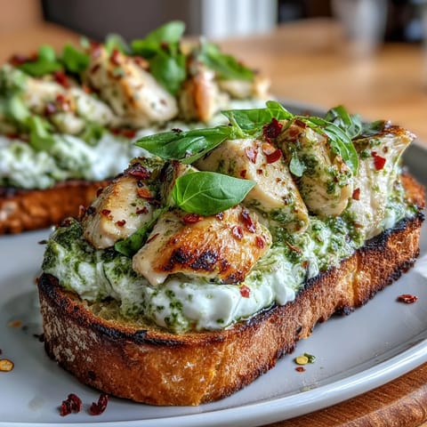 Crisp sourdough toast topped with pesto, tender chicken, and creamy burrata garnished with fresh basil.  