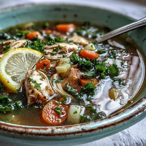 Nourishing High Protein Lemon Turmeric Chicken Soup, vibrant with tender kale.