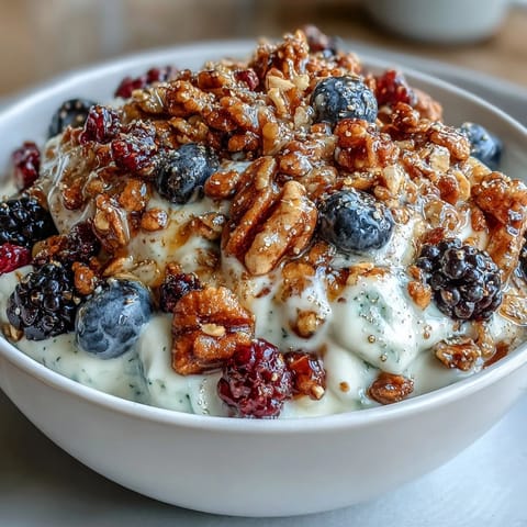 Creamy yogurt bowl topped with vibrant winter berries and fragrant spiced crunch.