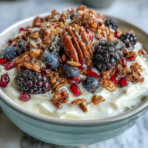 Jewel-toned berries and cinnamon crunch crown this delicious yogurt bowl.
