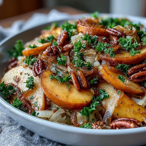 Warm apple and sauerkraut skillet salad sizzling in cast iron, garnished with parsley.