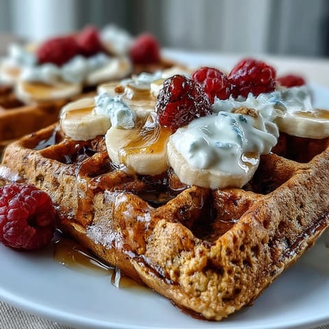 Golden turmeric waffles, fluffy and vibrant, served with fresh berries and syrup.