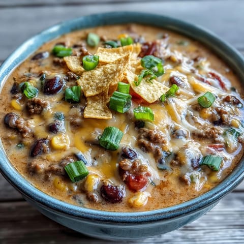 A ladle pouring Creamy Taco Soup into a rustic bowl, topped with sour cream and crunchy tortilla chips for texture.