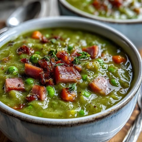 Thick, creamy Split Pea and Ham Soup simmering in a pot with tender peas, diced carrots, and savory ham chunks.