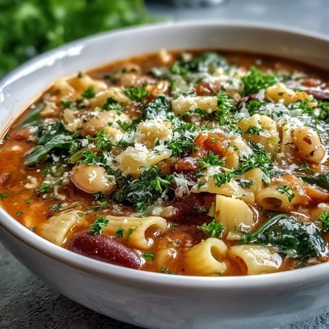 Rustic pot of Minestrone Soup simmering with zucchini, carrots, and hearty kidney beans.