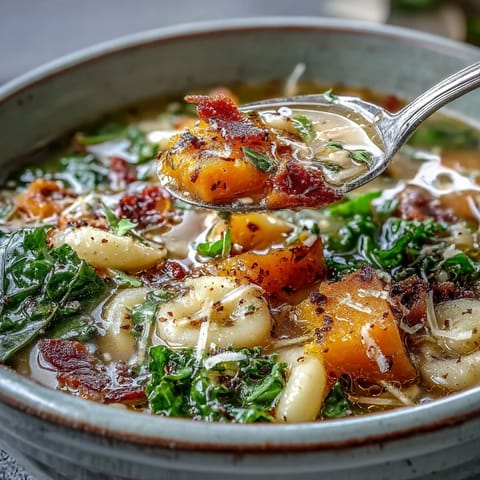 Fall Minestrone soup steaming in a rustic bowl topped with pancetta and Parmesan cheese.