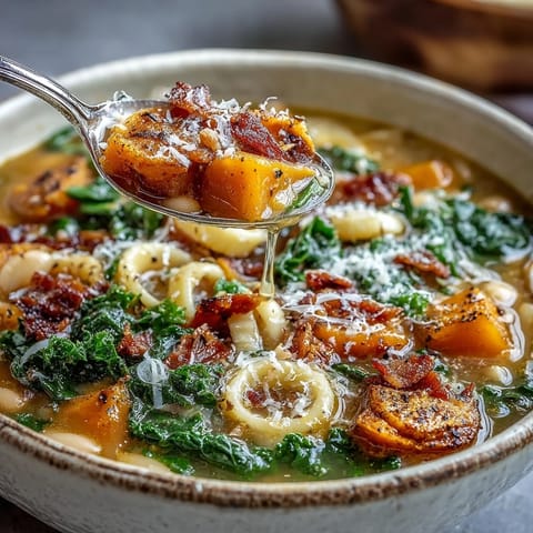 Hearty Fall Minestrone served in a bread bowl with kale and butternut squash.