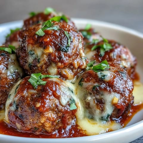 Spoon lifting a cheesy Cheesy, Garlicky Meatballs With Marinara from a rich red sauce, steam rising.