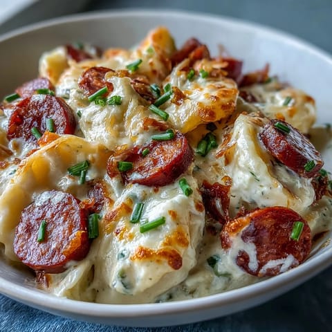 A fork lifts a cheesy portion of Crockpot Pierogi Casserole with Kielbasa next to a bowl of sour cream.
