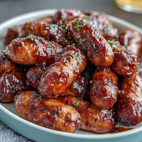 Savory Crock Pot BBQ Cocktail Sausage served warm from the slow cooker, garnished with fresh parsley for an easy appetizer.