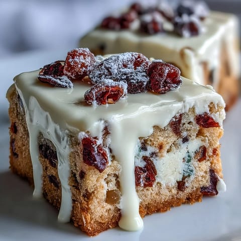 Homemade Cranberry Bliss Bars featuring creamy frosting, cranberries, and white chocolate on a plate.