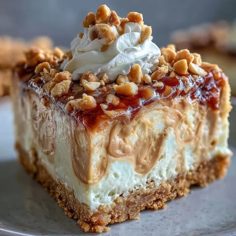 Freshly baked Nutter Butter cheesecake sits on a white plate, garnished with extra cookies and chopped peanuts, perfect for a peanut butter lover's dessert. 
