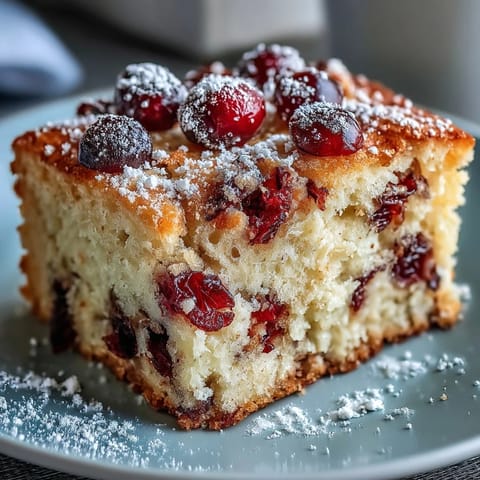 Freshly baked Cranberry Orange Breakfast Cake with a tender crumb, dusted with powdered sugar and showcasing vibrant orange zest.