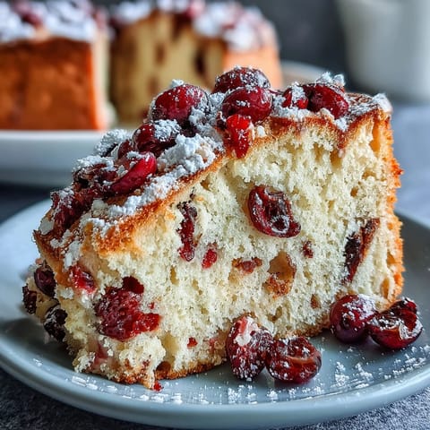 Warm slices of Cranberry Orange Breakfast Cake served on a plate, bursting with tart cranberries and sweet citrus aroma.