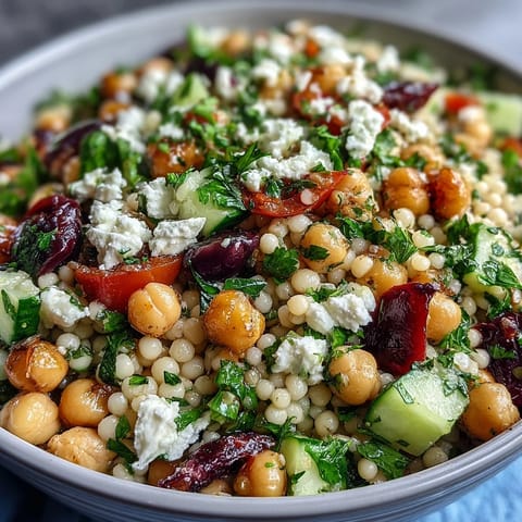 This Mediterranean Pearl Couscous salad features halved cherry tomatoes, kalamata olives, and fresh parsley, served as a vibrant vegetarian lunch.