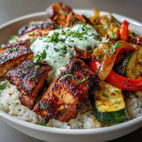 A vibrant Blackened Chicken Bowl with sliced chicken breast, fluffy white rice, and colorful sautéed vegetables topped with lime crema.