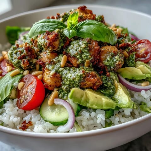 Vibrant Pesto Chicken Bowl features tender chicken, fluffy rice, and fresh vegetables, garnished with basil.  