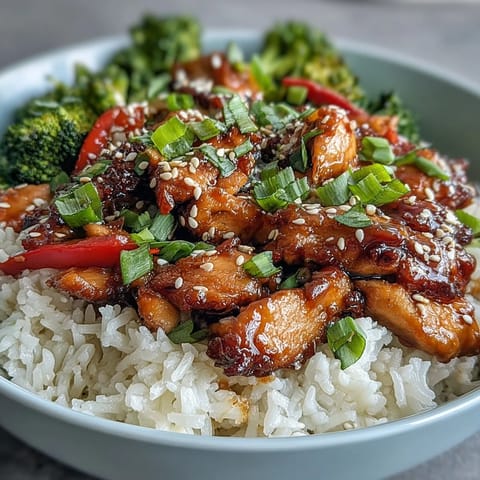 Fluffy white rice topped with glistening honey garlic chicken, crisp broccoli, carrots, and red bell peppers, garnished with sesame seeds.