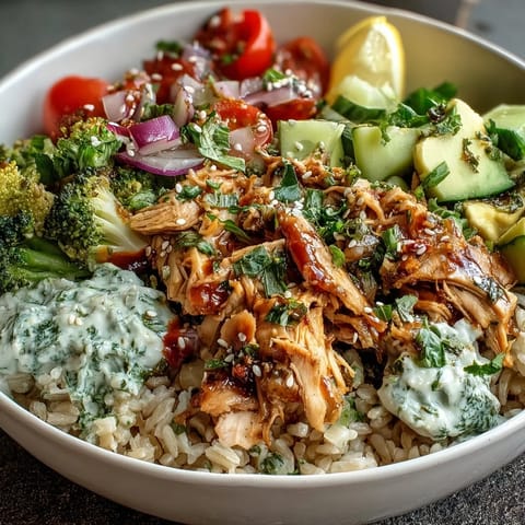 Shredded rotisserie chicken and fresh veggies over brown rice, topped with creamy tzatziki and sesame seeds.