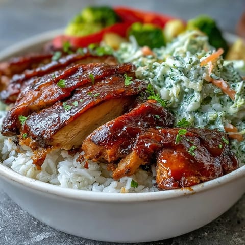 A vibrant BBQ Chicken Bowl with juicy glazed chicken, fluffy rice, crisp coleslaw, and roasted vegetables.
