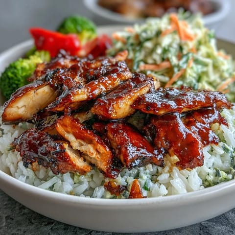 Sliced BBQ chicken rests over rice beside crunchy slaw and roasted veggies in a colorful bowl.