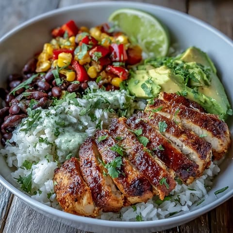 Golden-brown Cajun chicken slices rest on fluffy white rice, surrounded by sweet corn, black beans, and diced red and yellow peppers.