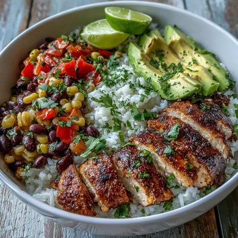Vibrant Cajun Chicken Bowl topped with avocado slices, fresh cilantro, and lime wedges, ready for a zesty Southern-inspired meal.