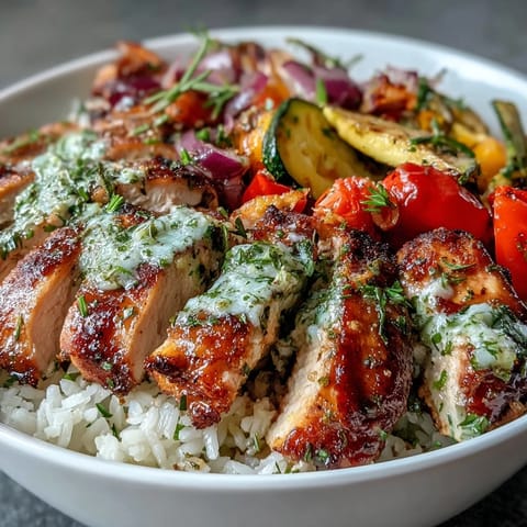 Golden-brown Lemon Herb Roasted Chicken slices rest on fluffy rice beside colorful roasted vegetables in a bowl.