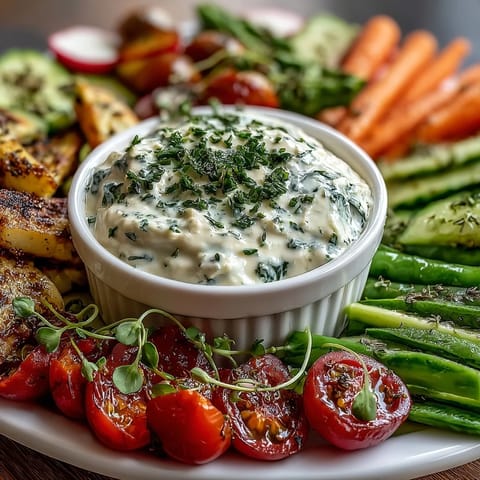 A colorful spring vegetable platter with radishes, peas, and herb dip, perfect for sharing at gatherings.