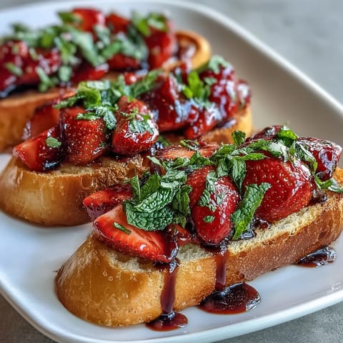 Fresh strawberry bruschetta with balsamic and mint on toasted baguette slices, perfect for summer gatherings or light appetizers.