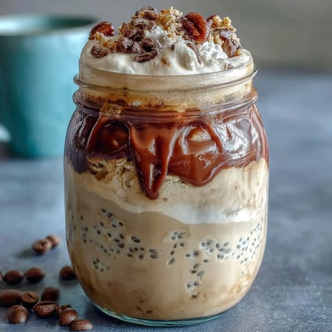 Vanilla Bean Frappuccino-inspired overnight oats in a jar, swirled with espresso and drizzled with vanilla sweetness.