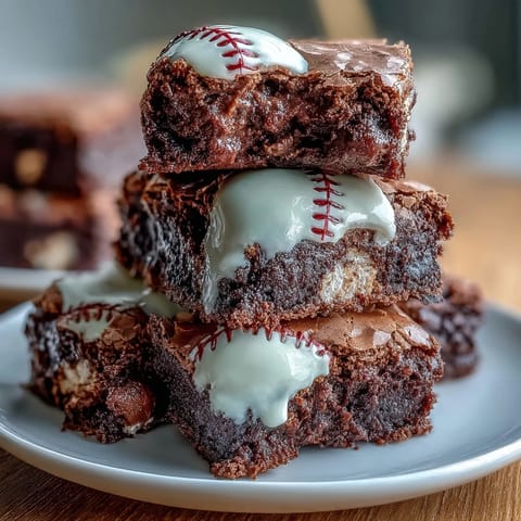 Baseball-themed brownie bites with white icing laces, rich chocolate mini desserts perfect for game day celebrations and sports parties.