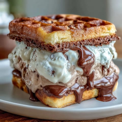 Vanilla Bean Frappuccino Ice Cream Sandwiches on a white plate, creamy vanilla bean ice cream between rich espresso cookies, perfect frozen treat.