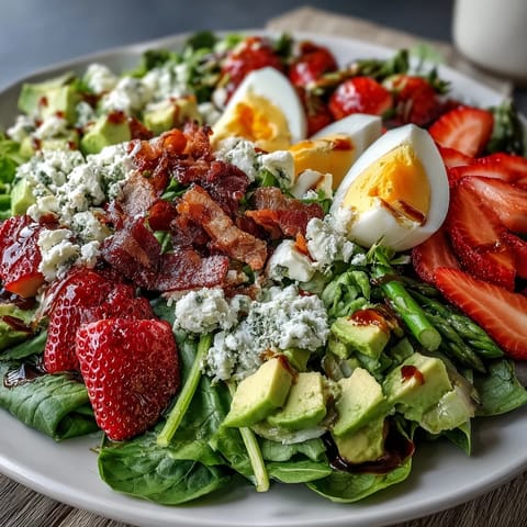 Spring Cobb Salad with Strawberries and Avocado features vibrant greens topped with juicy berries, creamy avocado, and tangy feta cheese.