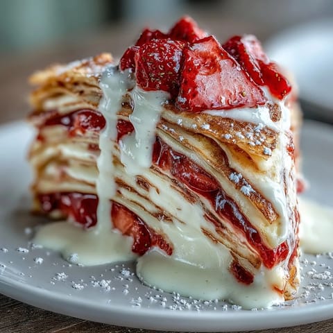 Elegant French-style crepe cake filled with mascarpone cream and ripe strawberries, perfect for brunch or special occasions.  
